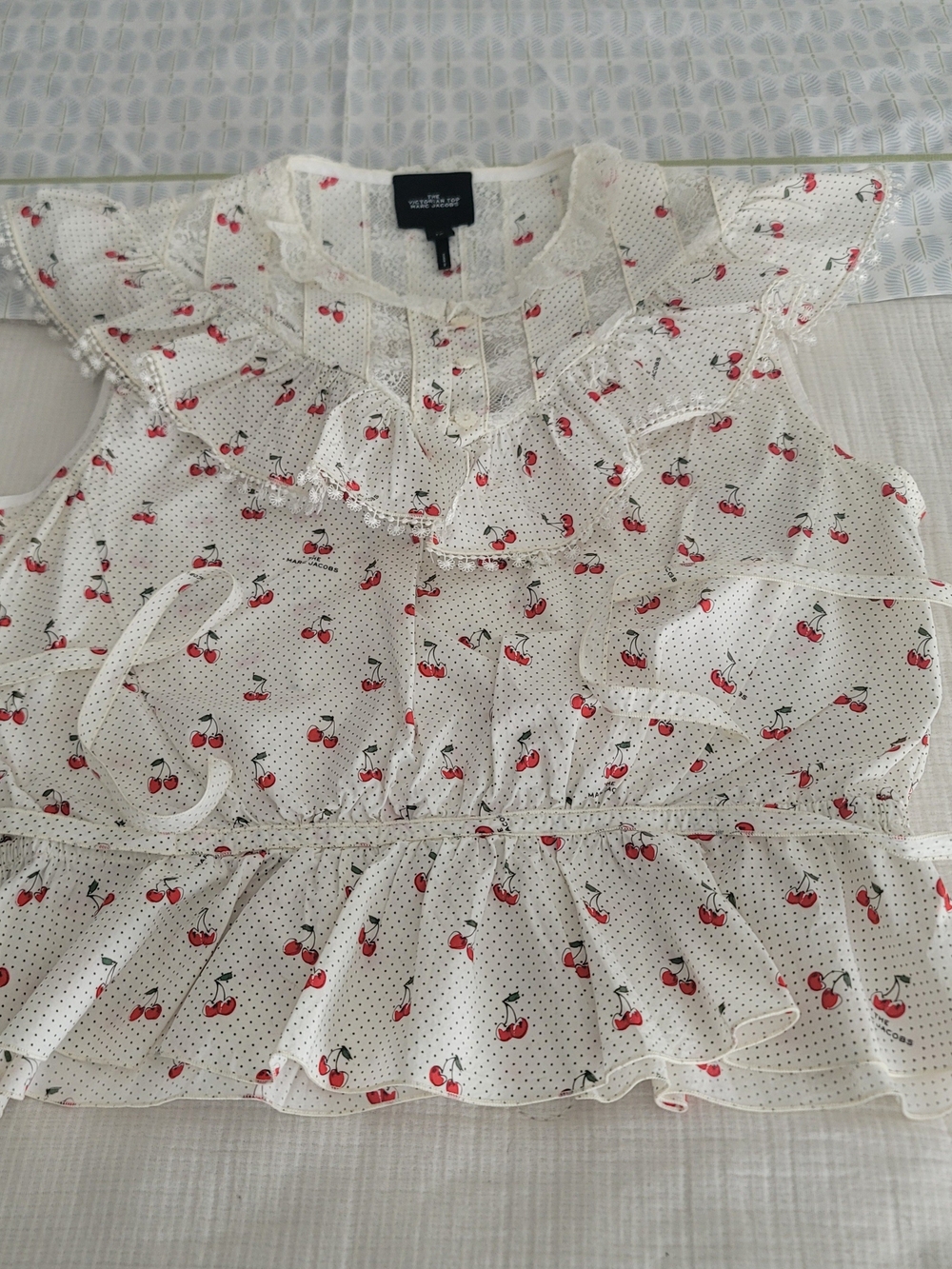 Marc Jacobs "The Victorian" Ivory And Red Peplum Hem Blouse, Size 12